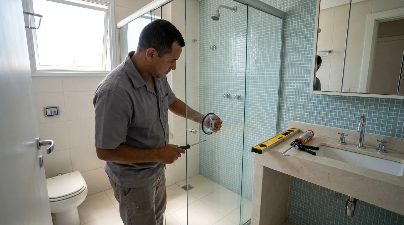Vidraceiro encaixando painel de box em banheiro