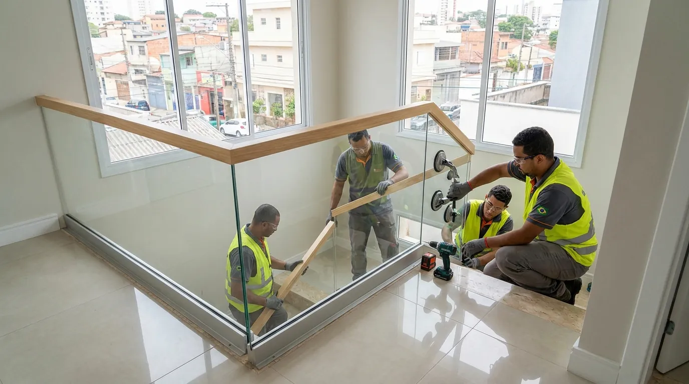 Guarda-corpo de vidro sendo fixado